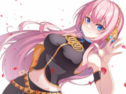 Rule 34 | 1girl, arm strap, armpits, bare arms, black shirt, blue eyes, breasts, closed mouth, commentary, dress shirt, dutch angle, floating hair, hair between eyes, hand on own hip, headphones, headset, long hair, looking at viewer, medium breasts, megurine luka, microphone, midriff, navel, petals, pink hair, shirt, sleeveless, sleeveless shirt, smile, solo, standing, stomach, very long hair, vocaloid, white background, yorunaku tanishi