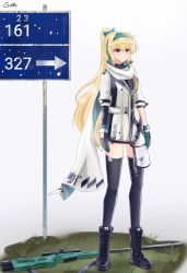 Rule 34 | 1girl, artist name, black bodysuit, blonde hair, bodysuit, bolt action, boots, bow, commentary request, gamryous, girls&#039; frontline, gloves, green hairband, gun, hair bow, hairband, highres, jacket, long hair, mod3 (girls&#039; frontline), multicolored clothes, multicolored gloves, ponytail, red eyes, rifle, russian flag, scarf, sniper rifle, solo, sv-98, sv-98 (girls&#039; frontline), sv-98 (mod3) (girls&#039; frontline), thighhighs, turtleneck, weapon, white jacket, white scarf