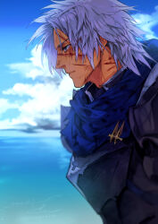 Rule 34 | 1boy, alphen (tales), armor, blue scarf, blue sky, cloud, commentary request, dark-skinned male, dark skin, dirty, dirty face, expressionless, grey eyes, grey hair, male focus, nukegara102, outdoors, plate armor, profile, scar, scar on face, scar on neck, scarf, short hair, shoulder armor, sky, solo, tales of (series), tales of arise, upper body, water