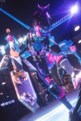 Rule 34 | 1girl, apex legends, armor, black hair, blue shirt, breastplate, clenched hand, clothing cutout, cosplay photo, di guan, fluorescent tech valkyrie, gloves, grey socks, highres, holding, holding polearm, holding weapon, knee pads, lance, looking at viewer, mask, mouth mask, multicolored hair, photo (medium), pink gloves, polearm, purple eyes, purple hair, shirt, shoes, shoulder cutout, sneakers, socks, solo, streaked hair, suzaku (apex legends), valkyrie (apex legends), weapon, white footwear