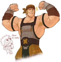 Rule 34 | 2boys, apron, armband, armpit hair, armpits, artist name, bandana, bara, belt, biceps, blonde hair, clenched hands, double biceps pose, f con, facial hair, fire emblem, fire emblem: three houses, fire emblem warriors: three hopes, flexing, gauntlets, hairy, highres, holst sigiswald goneril, leather, leather belt, male focus, manly, mature male, multiple boys, muscular, muscular male, nintendo, pectorals, raphael kirsten, short hair, sidepec, signature, simple background, skirt, stubble, thick arms, upper body, veins, veiny arms, white background
