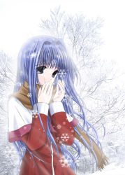 Rule 34 | blue eyes, blue hair, kanon, kuryuu, long hair, minase nayuki, scarf, school uniform, snow, snowflakes, solo