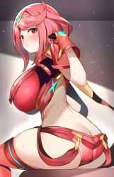 Rule 34 | 1girl, absurdres, ass, bare back, breasts, butt crack, enishi96, fingerless gloves, gloves, headpiece, highres, huge breasts, looking at viewer, pyra (xenoblade), red eyes, red hair, red shorts, red thighhighs, short hair, short shorts, shorts, sitting, sweat, swept bangs, thick thighs, thighhighs, thighs, tiara, xenoblade chronicles (series), xenoblade chronicles 2