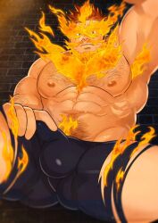 Rule 34 | 1boy, abs, arm hair, arm up, armpit hair, armpits, bara, beard, bodysuit, boku no hero academia, bulge, chest hair, crotch grab, daisukebear, endeavor (boku no hero academia), erection, erection under clothes, expressionless, facial hair, feet out of frame, fiery hair, hairy, highres, large pectorals, looking at viewer, male focus, mature male, muscular, muscular male, navel, navel hair, nipples, paid reward available, pectorals, presenting, red hair, scar, scar across eye, short hair, solo, spiked hair, spread legs, stomach, stubble, thick thighs, thighs, topless male, torn bodysuit, torn clothes