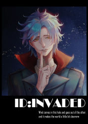 Rule 34 | 1boy, anaido, blue background, blue hair, coat, copyright name, english text, hair between eyes, hand up, highres, id invaded, index finger raised, jewelry, male focus, parted bangs, ring, signature, solo, upper body, wanzimiaomiao, yellow eyes