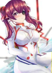 Rule 34 | 1girl, between legs, blurry, blurry background, blush, bow, breasts, commentary request, cosplay, eyepatch, formal, hair between eyes, hair bow, hand between legs, hololive, houshou marine, karappo (poket12), long hair, looking at viewer, medium breasts, plugsuit, red eyes, red hair, sidelocks, sitting, smile, solo, souryuu asuka langley, souryuu asuka langley (cosplay), suit, twintails, virtual youtuber, white suit