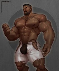 Rule 34 | 1boy, abs, absurdres, artist name, bara, baraland 2lub, beard, biceps, brown eyes, bulge, commission, deltoids, earrings, facial hair, fishnet underwear, fishnets, highres, hip vent, jewelry, large pectorals, male focus, mature male, muscular, muscular male, navel, necklace, nipples, original, pectorals, penis, penis peek, short hair, solo, stomach, strongman waist, thick eyebrows, thick lips, thick thighs, thighs, topless male, triceps, undercut, underwear, veins, veiny penis