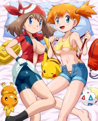 Rule 34 | 2girls, alternate color, ass, bag, bandana, bike shorts, blue eyes, blush, breasts, brown hair, censored, come hither, convenient censoring, creatures (company), crop top, crop top overhang, denim, denim shorts, game freak, gen 1 pokemon, gen 2 pokemon, gen 3 pokemon, happy, looking at viewer, may (pokemon), medium breasts, midriff, misty (pokemon), multiple girls, navel, nintendo, no bra, one eye closed, open clothes, open fly, open mouth, open shirt, open shorts, orange hair, orange panties, panties, pikachu, pokemoa, pokemon, pokemon (anime), pokemon (classic anime), pokemon (creature), pokemon rse (anime), shiny skin, shirt, short shorts, shorts, side ponytail, sleeveless, smile, striped clothes, striped panties, suspenders, take your pick, togepi, torchic, underboob, underwear, undressing, unzipped, wink