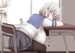 Rule 34 | 1girl, black pantyhose, blush, bra, breasts, chair, closed eyes, commentary request, curtains, grey hair, grey skirt, hair ornament, hairclip, hamakaze (kancolle), hanging breasts, huge breasts, jema, kantai collection, midriff, open mouth, pantyhose, sailor collar, school uniform, see-through, serafuku, short hair, short sleeves, sitting, skirt, sleeping, solo, table, underwear, window