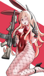 Rule 34 | 1girl, ;d, absurdres, animal ears, artist name, assault rifle, blonde hair, breasts, cleavage, commentary, covered navel, cowboy shot, english commentary, fake animal ears, fangs, fishnet pantyhose, fishnets, girls&#039; frontline, gun, high heels, highres, holding, holding gun, holding weapon, large breasts, leg up, leotard, long hair, looking at viewer, m4 carbine, m4 sopmod ii, m4 sopmod ii (girls&#039; frontline), mechanical arms, multicolored hair, neptune zx, one eye closed, open mouth, pantyhose, playboy bunny, rabbit ears, red eyes, red leotard, rifle, simple background, single mechanical arm, smile, solo, streaked hair, thick thighs, thighs, tongue, v, weapon