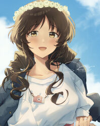 Rule 34 | 1girl, aged up, blush, brown hair, collarbone, denim, denim jacket, glint, head wreath, highres, idolmaster, idolmaster cinderella girls, jacket, jacket on shoulders, jewelry, looking at viewer, outdoors, ring, sanpo (sanpo 1027), shirt, signature, smile, solo, takamori aiko, upper body, wedding ring, white shirt