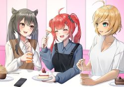 Rule 34 | + +, 3girls, :d, absurdres, ahoge, alternate costume, azur lane, black ribbon, blonde hair, blue eyes, blue skirt, blush, breasts, brown sweater, california (azur lane), casual, cellphone, cleavage, closed eyes, collarbone, commentary request, commission, crossed bangs, cup, dark-skinned female, dark skin, double bun, drink, drinking straw, fang, food, fork, grey hair, hair between eyes, hair bun, hair horns, hair ribbon, highres, holding, holding cup, holding fork, holding plate, indoors, konparu uran, long hair, long sleeves, looking at another, medium breasts, multicolored hair, multiple girls, open mouth, overalls, phone, plate, purple eyes, purple hair, red hair, ribbon, san diego (azur lane), san francisco (azur lane), shadow, shirt, short hair, short sleeves, sidelocks, sitting, skeb commission, skirt, smartphone, smile, streaked hair, sweater, sweater vest, teeth, twintails, upper body, upper teeth only, v-neck, white shirt