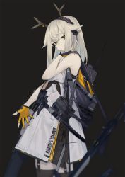 1girl alternate_hairstyle antlers arknights bare_arms bare_shoulders black_background black_hairband black_thighhighs brown_eyes commentary cowboy_shot dress fataaa firewatch_(arknights) firewatch_(wilted_cypress)_(arknights) garter_straps gloves grey_dress hair_between_eyes hair_down hairband hand_up head_tilt highres horns long_hair official_alternate_costume partially_fingerless_gloves short_dress silver_hair simple_background sleeveless sleeveless_dress solo standing thighhighs