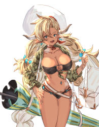 Rule 34 | 1girl, :d, almeida (granblue fantasy), bag, beach umbrella, beret, bikini, black bikini, blonde hair, breasts, choker, cleavage, cleavage cutout, clothing cutout, collarbone, collared shirt, commentary, cowboy shot, dark-skinned female, dark skin, dolphin earrings, draph, earrings, granblue fantasy, green shirt, hair between eyes, hand on own hip, hand up, hat, highres, holding, holding bag, horns, jewelry, large breasts, long hair, long sleeves, looking at viewer, low twintails, midriff, mou pl, navel, navel piercing, official alternate costume, open mouth, piercing, pointy ears, red choker, ribbon choker, shirt, sidelocks, simple background, smile, solo, standing, swimsuit, teeth, tied shirt, twintails, umbrella, very long hair, white background, white hat, wrist wrap