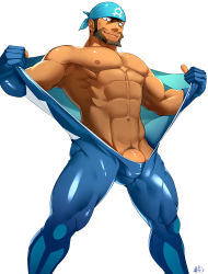 Rule 34 | 1boy, abs, absurdres, archie (pokemon), bad id, bad pixiv id, bandana, bara, beard, biceps, blue bandana, blue bodysuit, bodysuit, brown hair, closed mouth, commentary request, creatures (company), dark-skinned male, dark skin, diving suit, facial hair, from below, game freak, hands up, hidora art, highres, holding, legs apart, logo, male focus, male pubic hair, multicolored bodysuit, multicolored clothes, muscular, muscular male, nintendo, nipples, pectorals, penis, penis peek, pokemon, pokemon oras, pubic hair, shiny skin, short hair, simple background, smile, solo, team aqua, thighs, wetsuit, white background, white bodysuit