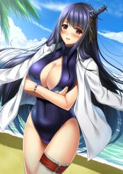 Rule 34 | 10s, 1girl, beach, black hair, blouse, blush, breast hold, breasts, cleavage, cleavage cutout, clothing cutout, collared shirt, covered navel, curvy, dress shirt, female focus, front zipper swimsuit, fusou (kancolle), hair ornament, headgear, highres, kantai collection, large breasts, long hair, meme attire, one-piece swimsuit, open mouth, purple hair, red eyes, shibata rai, shirt, smile, solo, standing, swimsuit, swimsuit under clothes, thigh strap, very long hair, white shirt, wide hips