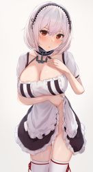 Rule 34 | 1girl, alternate costume, anchor choker, azur lane, bad id, bad pixiv id, blush, breasts, choker, cleavage, clothes lift, dress, dress lift, enmaided, frilled choker, frills, gradient background, hair between eyes, large breasts, lifted by self, looking at viewer, maid, no panties, open mouth, panties, pantyshot, ponyaru, puffy sleeves, red eyes, ribbon-trimmed legwear, ribbon trim, short hair, short sleeves, sirius (azur lane), solo, thighhighs, underboob, underwear, white dress, white hair, white thighhighs