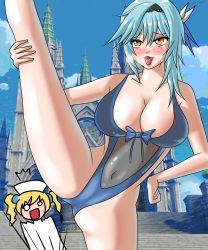 Rule 34 | 2girls, ^^^, ahegao, aqua hair, barbara (genshin impact), bare arms, bare shoulders, blonde hair, blue hair, blue one-piece swimsuit, blush, breasts, breath, cathedral, cloud, cowboy shot, day, eula (genshin impact), genshin impact, gwanjongdaengwang, hand on own hip, leg lift, multiple girls, navel, one-piece swimsuit, photo background, see-through, short hair, sky, spread legs, stairs, standing, surprised, swimsuit, tongue, tongue out, twintails, white headwear