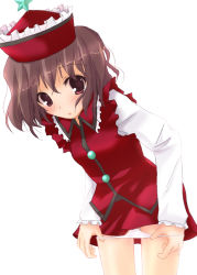 Rule 34 | 1girl, cowboy shot, female focus, hat, lyrica prismriver, miniskirt, panties, panty pull, pulling own clothes, red hat, rikudou inuhiko, simple background, skirt, solo, touhou, underwear, white background