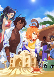 Rule 34 | 2boys, 3girls, :d, :|, absurdres, ahoge, alternate costume, animal ears, apron, arjuna (fate), arjuna alter (fate), beach, bikini, black choker, black eyes, black hair, black shorts, blue eyes, bucket, buried, canopy (shelter), choker, closed mouth, cloud, colored eyelashes, crab, crop top, crossed arms, curly hair, dark-skinned female, dark-skinned male, dark skin, day, delonix regia, detached sleeves, fate/grand order, fate (series), feet out of frame, flower, food, fruit, fujimaru ritsuka (female), green hair, hair between eyes, hair flower, hair ornament, heart-shaped mouth, highres, hood, hoodie, jewelry, kneeling, con (fate), kupikuuu, leaning forward, long hair, looking at another, looking at object, looking back, medium hair, multicolored hair, multiple boys, multiple girls, no shirt, open clothes, open hoodie, open mouth, orange hair, palm tree, pants, parted lips, pendant, pink pupils, plate, plate stack, ponytail, pot, purple apron, red flower, sand castle, sand sculpture, sarong, see-through, see-through sleeves, shirt, short hair, shorts, shovel, sleeveless, sleeveless shirt, smile, squatting, standing, steam, streaked hair, sunlight, swept bangs, swimsuit, table, taj mahal, tree, trung nhi (fate), trung trac (fate), watermelon, white hoodie, white pants, yellow eyes, yellow flower, yellow shirt