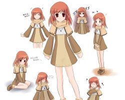 Rule 34 | 1girl, blush, braid, character sheet, dress, expressions, closed eyes, female focus, hair over eyes, jewelry, mabinogi, necklace, pendant, red eyes, red hair, scarf, short hair, smile, solo, translation request, triona, twin braids, white background