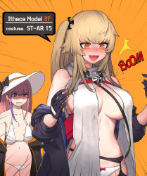 Rule 34 | 2girls, :d, alternate costume, angry, bikini, black legwear, black neckwear, blue eyes, blush, bow, bow panties, breasts, brown hair, cain (gunnermul), character name, cleavage, collarbone, cosplay, costume switch, dress, embarrassed, flat chest, garter belt, garter straps, girls&#039; frontline, gloves, hair between eyes, hair ornament, half-closed eye, hat, highres, jacket, large breasts, long hair, looking at another, looking at breasts, loose bikini, m37 (girls&#039; frontline), m37 (girls&#039; frontline) (cosplay), multicolored hair, multiple girls, navel, necktie, no bra, off shoulder, one side up, open clothes, open jacket, open mouth, orange background, orange eyes, panties, pink hair, pouch, scarf, shaded face, side ponytail, sidelocks, simple background, smile, sparkle, st ar-15 (girls&#039; frontline), st ar-15 (girls&#039; frontline) (cosplay), stomach, streaked hair, sun hat, swimsuit, thighhighs, thighs, torn clothes, torn dress, underwear, very long hair, white bikini, white panties, yellow eyes