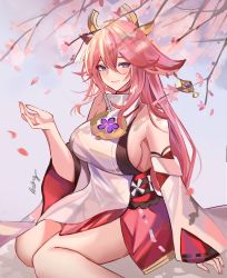 Rule 34 | 1girl, absurdres, blush, breasts, brooch, cherry blossom print, cherry blossoms, closed mouth, detached sleeves, falling petals, floppy ears, floral print, genshin impact, hair between eyes, hair ornament, hand up, highres, japanese clothes, jewelry, large breasts, long hair, looking at viewer, obi, open hand, petals, pink hair, purple eyes, revision, rudang, sash, shirt, sideboob, sitting, smile, solo, thighs, white shirt, wide sleeves, yae miko