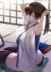Rule 34 | 1girl, adjusting hair, arms up, ass, bad id, bad pixiv id, black thighhighs, breasts, brown hair, cleavage, commentary, covered erect nipples, cushion, english commentary, from above, from below, gainoob, hair between eyes, hakama, hakama skirt, indoors, japanese clothes, kaga (kancolle), kantai collection, large breasts, loo, looking at viewer, mirror, mouth hold, no panties, open clothes, patreon username, sarashi, seiza, sitting, skindentation, skirt, solo, sunlight, thighhighs, twisted torso, tying hair, white hakama, wide sleeves, yellow eyes