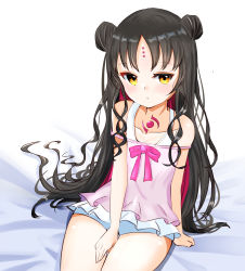 Rule 34 | 1girl, black hair, brown eyes, camisole, double bun, dreamoon, facial mark, fate/grand order, fate (series), forehead mark, hair bun, hand on own thigh, highres, long hair, no pants, one-piece swimsuit, pink camisole, sessyoin kiara, sessyoin kiara (lily), sitting, solo, swimsuit, swimsuit under clothes, thighs, very long hair, white one-piece swimsuit