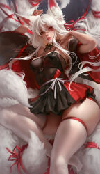 Rule 34 | 1girl, aleriia v, animal ear fluff, animal ears, artist name, breasts, commentary, detached sleeves, english commentary, facial mark, fox ears, fox tail, highres, large breasts, lips, long hair, looking at viewer, multiple tails, original, parted lips, patreon username, red eyes, see-through, signature, solo, tail, thighhighs, two-tone dress, watermark, web address, white hair, white thighhighs