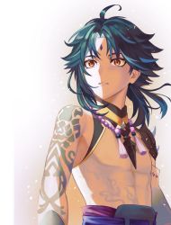 Rule 34 | 1boy, arm tattoo, bead necklace, beads, black hair, blue hair, commentary request, facial mark, forehead mark, genshin impact, jewelry, male focus, multicolored hair, necklace, orange eyes, parted lips, simple background, single sleeve, solo, spikes, tattoo, togatamaki, upper body, xiao (genshin impact)