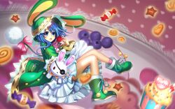 Rule 34 | 1girl, 300 heroes, animal ears, ankle boots, blue eyes, blue hair, boots, candy, cookie, cupcake, date a live, dress, eyepatch, fake animal ears, food, frilled dress, frills, green footwear, green jacket, hand puppet, hood, jacket, official art, open mouth, pink ribbon, pom pom (clothes), puppet, rabbit ears, ribbon, solo, third-party source, white dress, yoshino (date a live), yoshinon