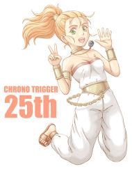 Rule 34 | 1girl, blonde hair, breasts, choker, chrono trigger, copyright name, full body, green eyes, jewelry, keito nagumo, long hair, looking at viewer, marle (chrono trigger), open mouth, ponytail, simple background, smile, solo, toeless footwear, v, white background