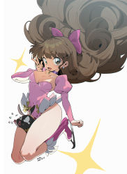 Rule 34 | 1girl, bandana, between legs, bow, breasts, brown hair, collar, dated, detached sleeves, earrings, figure skating, flying sweatdrops, hair bow, hibiki ryouga, highres, ice skates, jewelry, leotard, long hair, looking at viewer, open mouth, p-chan, piglet, ranma 1/2, shiratori azusa, signature, skates, smile, sparkle, struggling, sweat, tears, trapped, v, waterkuma, white background