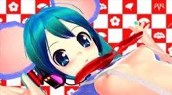 Rule 34 | 00s, 1girl, 3d, absurdres, animal ears, aqua hair, aqua nails, areola slip, blue eyes, blush, bow, breasts, hatsune miku, headphones, highres, long hair, looking at viewer, mouse ears, nail polish, parted lips, red bow, sei hito, small breasts, solo, suspenders, twintails, upper body, vocaloid