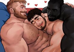 Rule 34 | 3boys, :q, abs, bara, beard, blue eyes, blush, body hair, boy sandwich, brown hair, chest hair, completely nude, dark-skinned male, dark skin, dopey (dopq), face to pecs, facial hair, hairy, head on chest, large pectorals, light brown hair, lying, male focus, multiple boys, muscular, muscular male, nipples, nude, on back, on bed, on person, original, pectoral pillow, pectorals, sandwiched, short hair, thick eyebrows, tongue, tongue out, undercut, very dark skin, yaoi