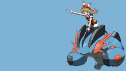 Rule 34 | 1boy, 1girl, arm support, arm up, bike shorts, black shirt, blacknirrow, blue background, blue skin, blue theme, bracelet, brown hair, clenched hands, closed mouth, collarbone, colored skin, creatures (company), fanny pack, flat chest, furry, furry male, game freak, gen 3 pokemon, grey eyes, hairband, half-closed eyes, hands up, happy, highres, index finger raised, jewelry, leaning forward, looking at another, looking down, may (pokemon), medium hair, mega pokemon, mega swampert, multicolored skin, muscular, muscular male, nintendo, open mouth, orange eyes, outstretched arm, pointing, pokemon, pokemon (creature), pokemon oras, red hairband, red shirt, riding, running, shiny skin, shirt, short shorts, shorts, sidelocks, simple background, sleeveless, sleeveless shirt, smile, strap slip, swampert, teeth, two-tone skin, undershirt, white shorts, white skin
