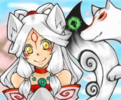 Rule 34 | 1girl, amaterasu (ookami), animal, animal ears, bare shoulders, bodypaint, dual persona, happy, issun, japanese clothes, jewelry, long hair, lowres, magatama, md5 mismatch, necklace, ookami (game), personification, saharan (sahara1212), smile, tail, white hair, wolf, wolf ears, yellow eyes