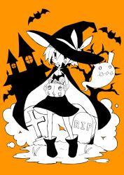 Rule 34 | 1girl, asameshi, bat (animal), black dress, black footwear, black headwear, blush stickers, boots, borrowed character, bucket, building, rabbit, candy, candy cane, cape, commentary request, cross, dress, food, full body, ghost, hat, hat ribbon, holding, holding bucket, jack-o&#039;-lantern, lollipop, looking at viewer, monochrome, open mouth, orange background, original, pleinair, pointy ears, ribbon, short hair, stitched mouth, stitches, swirl lollipop, tombstone, tree, usagi-san, witch hat