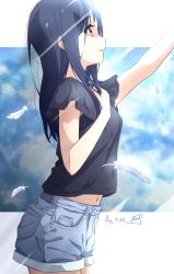 Rule 34 | 1girl, black hair, black shirt, blouse, breasts, casual, commentary request, cowboy shot, dated, denim, denim shorts, feathers, from side, hand on own chest, hibike! euphonium, highres, liz to aoi tori, long hair, looking up, midriff peek, navel, nii manabu, parted lips, profile, reaching, reaching towards viewer, shirt, shorts, signature, solo, straight hair, t-shirt, yoroizuka mizore