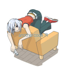 Rule 34 | 1girl, another code, another code r, ashley mizuki robbins, brown eyes, chair, cing, controller, game console, remote control, short hair, sleeveless, solo, vector trace, white hair, wii