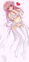 Rule 34 | 1girl, amane (dream c club), bra, breasts, cleavage, dream c club, dream c club (series), garter belt, heart, highres, large breasts, lingerie, lying, panties, pink eyes, pink hair, ribbon, solo, thighhighs, underwear, underwear only, yashahime (dolcevite)