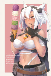 Rule 34 | 10s, 1girl, :p, breasts, cape, collar, commentary request, dark-skinned female, dark skin, english text, food, glasses, gloves, hair flaps, hairband, holding, holding food, ice cream, ice cream cone, kantai collection, large breasts, licking, licking finger, musashi (kancolle), musashi kai (kancolle), nail polish, navel, non (nonzile), partially fingerless gloves, pink background, sarashi, skirt, solo, thumb to mouth, tongue, tongue out, white hair