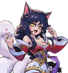 Rule 34 | 1girl, :d, ahri (league of legends), animal ears, bare shoulders, black hair, braid, breasts, cleavage, facial mark, fang, finger heart, fox ears, fox tail, hands up, korean clothes, kyuubi, large breasts, league of legends, long hair, looking at viewer, multiple tails, open mouth, phantom ix row, shiny skin, slit pupils, smile, solo, tail, whisker markings, yellow eyes