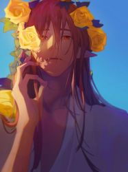 Rule 34 | 1boy, blue background, fangs, flower, hand up, long hair, looking at viewer, open mouth, pink hair, pointy ears, red eyes, technoblade, yellow flower