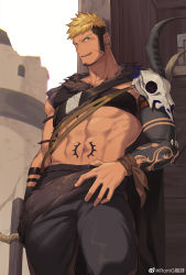 Rule 34 | 00047, 1boy, abs, absurdres, animal skull, arm tattoo, artist name, warrior of light (ff14), bara, black pants, blonde hair, borrowed character, commentary, commission, cowboy shot, cross, cross earrings, cross scar, dated, earrings, english commentary, facial hair, facial scar, final fantasy, final fantasy xiv, fur trim, green eyes, highres, hyur, jewelry, licking lips, looking at viewer, male focus, muscular, muscular male, navel, pants, scar, scar on arm, scar on cheek, scar on face, short hair, sideburns, skull, solo, stomach, stomach tattoo, tattoo, tongue, tongue out, twitter username, watermark