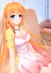 Rule 34 | 1girl, ahoge, blue eyes, blush, braid, breasts, cleavage, closed mouth, commentary request, couch, dress, highres, jewelry, long hair, looking at viewer, medium breasts, necklace, on couch, orange hair, pecorine (princess connect!), pecorine (real) (princess connect!), pink dress, princess connect!, short sleeves, single braid, sitting, smile, solo, syurimp