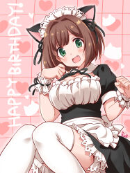 Rule 34 | 1girl, animal ears, apron, artist name, black dress, black ribbon, blush, bow, breasts, brown hair, cat, cat ears, cleavage, collarbone, detached collar, dot nose, dress, fake animal ears, fang, frilled apron, frilled dress, frills, green eyes, hair ribbon, hands up, happy birthday, heart, heart background, idolmaster, idolmaster cinderella girls, idolmaster cinderella girls starlight stage, knees together feet apart, knees up, looking at viewer, maekawa miku, medium breasts, neck ribbon, open mouth, paw pose, pink background, ribbon, ruo (cruzada), scrunchie, short hair, signature, silhouette, sitting, smile, solo, thighhighs, waist apron, waist bow, white apron, white bow, white headdress, white scrunchie, white thighhighs, wrist scrunchie, zettai ryouiki