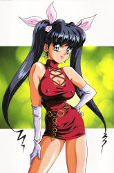 Rule 34 | 1980s (style), 1girl, absurdres, breasts, chain belt, earrings, covered erect nipples, gloves, highres, jewelry, looking at viewer, medium breasts, miniskirt, mon-mon (miyazaki kenjin), mon mon, official art, retro artstyle, retro artstyle, skirt, sleeveless, solo, twintails