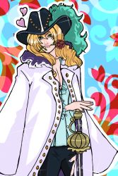 Rule 34 | 1boy, blonde hair, cavendish, dressrosa, flower, hat, highres, jacket, jacket on shoulders, long hair, looking at viewer, male focus, mouth hold, one piece, solo, standing, sword, weapon
